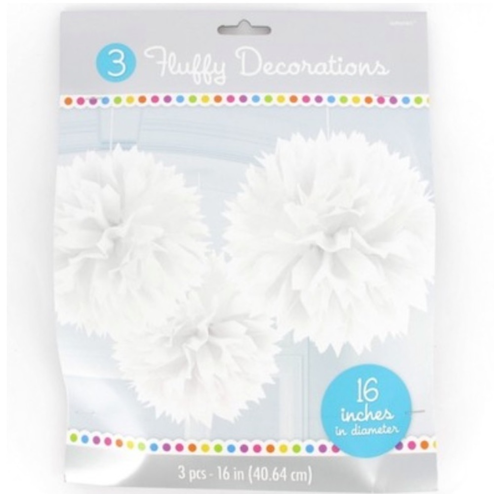 White Tissue Pom Poms for Party Decorations, 3 in Package, 16” each, NWT,
